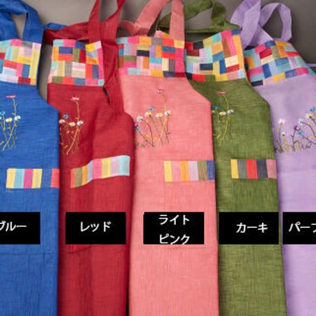 韓国伝統刺繡の麻エプロン９Color