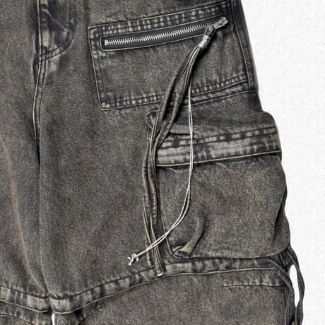 [FACCIES] MULTI-POCKET DENIM CARGO - BLACK