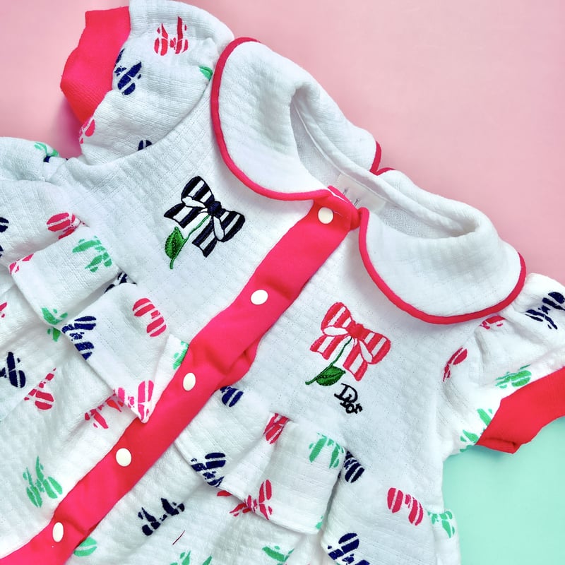 80cm] Vintage Baby Dior White & Red Bows Rompe