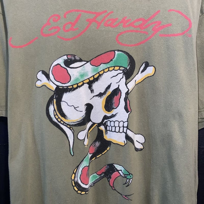 エドハーディ レザー ジャケット スカル 刺繍 プリント 大きめS 【公式