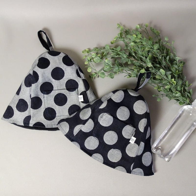 ジャガード デニム ドット柄 サウナハット 白ベース × 黒玉 | サウナ