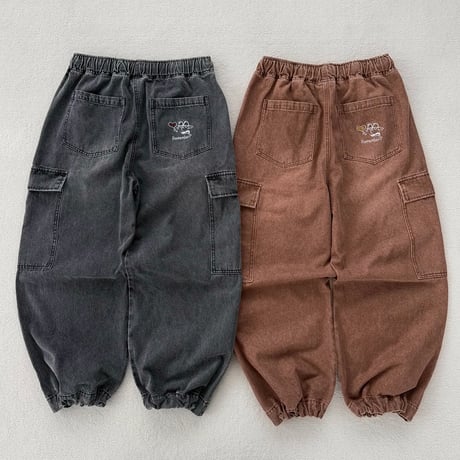 Wash Denim Wide Cargo Pants