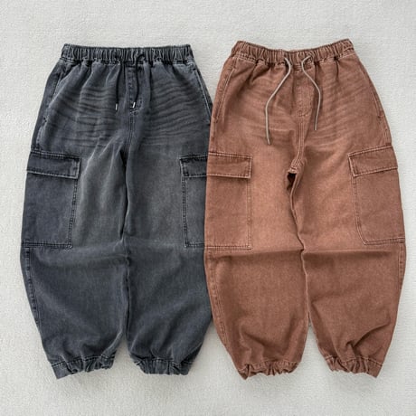 Wash Denim Wide Cargo Pants