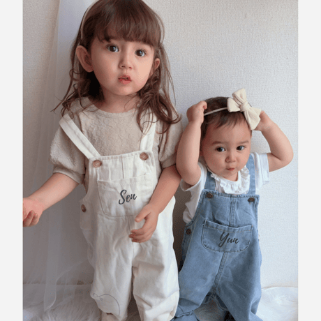 50%OFF【名入れ】オーバーオール　名入れ子供服　サイズfree80㎝～110㎝まで着用可能【お仕立券／作成後納品も可能】