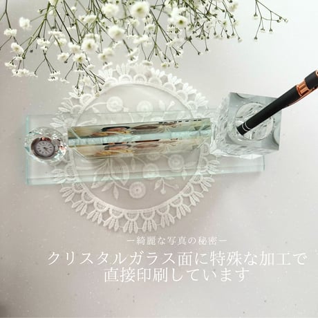 ペン立て付き写真入り高級ガラスフォトスタンド