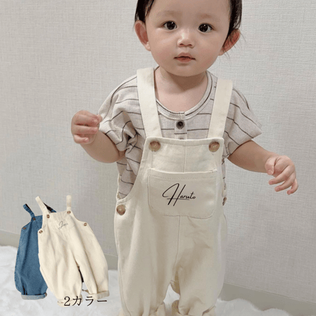 50%OFF【名入れ】オーバーオール　名入れ子供服　サイズfree80㎝～110㎝まで着用可能【お仕立券／作成後納品も可能】