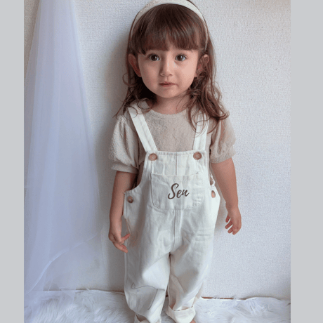 50%OFF【名入れ】オーバーオール　名入れ子供服　サイズfree80㎝～110㎝まで着用可能【お仕立券／作成後納品も可能】
