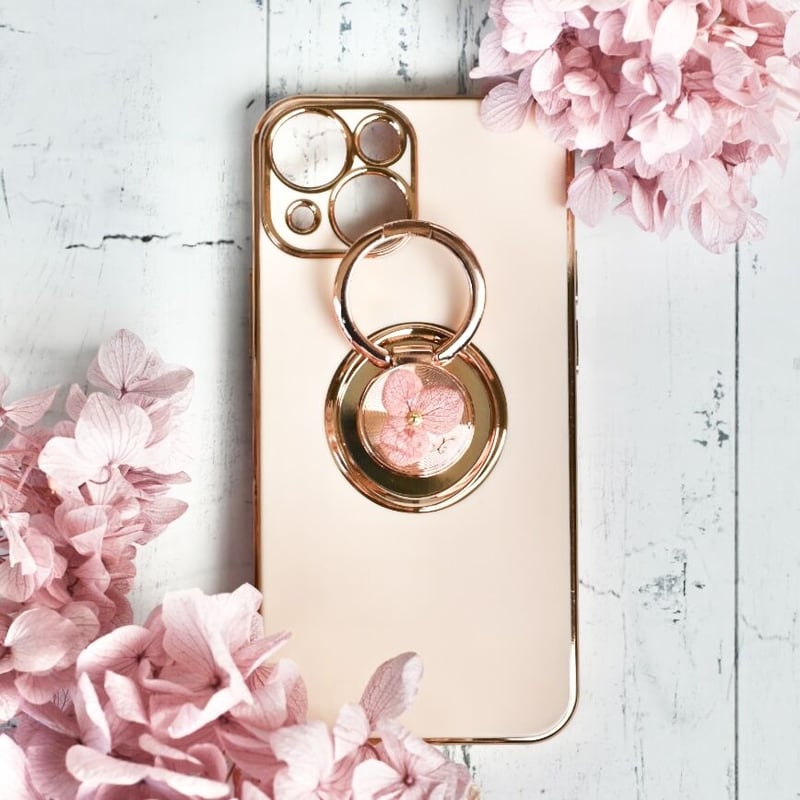 iphoneケース スマホケース くすみ ピンク リング付き 押し花 紫陽花
