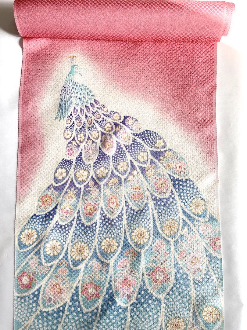 京友禅　孔雀 刺繍 二曲屏風 正絹　シルク　リメイク　京表具　Byobu 手描友禅名古屋帯 孔雀(八寸) | 隆生工房 STORE