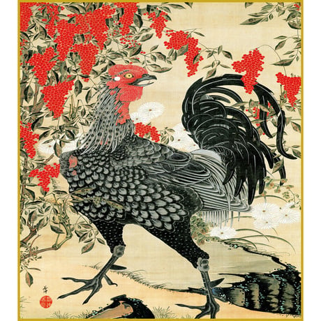 【色紙額】 伊藤若冲「南天雄鶏図」複製画　額入り　色紙額　特殊工芸画　若冲動植綵絵　にわとり　シャモ　日本画　名作　宮内庁三の丸尚蔵館／所蔵 K10-071