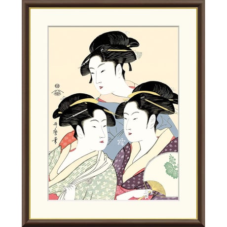 ● 喜多川歌麿 「寛政の三美人」額入り 複製画 高精彩工芸画 額装画 浮世絵 大首絵 名画 レプリカ 人物 美人画 錦絵 木版画 蔦屋 J5-G002 【納期：1週間】