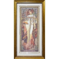★ 版画　ミュシャ 「秋・四季（1900年） 」 ジクレー　額入り　ミュシャ財団承認  エンボス印入り　美人画　アールヌーヴォ―　連作　季節　Autumn　タテ長　YE458