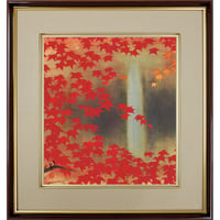 【色紙額】 川端龍子「滝に紅葉」複製画　額入り　色紙額　特殊工芸画　もみじ　滝　秋　風景画　日本画　名作 K10-052