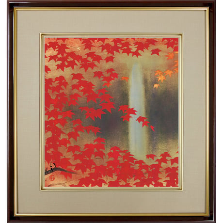 【色紙額】 川端龍子「滝に紅葉」複製画　額入り　色紙額　特殊工芸画　もみじ　滝　秋　風景画　日本画　名作 K10-052