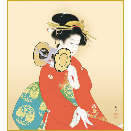 【色紙額】 上村松園「鼓の音」額入り 日本画の名作 高精彩工芸画 複製画 人物 美人画 レプリカ  絵画 美術品 アート K10-016