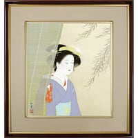 【色紙額】 上村松園「涼風」額入り 日本画の名作 高精彩工芸画 複製画 人物 美人画 レプリカ  絵画 美術品 アート K10-017