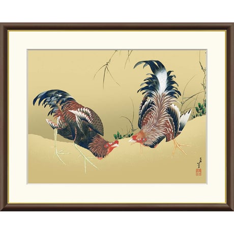 ● 葛飾北斎 「軍鶏図」 額入り 複製画 高精彩工芸画 額装画 動物 名画 レプリカ 原画は肉筆画 メトロポリタン美術館（アメリカ）所蔵  J2-137 【納期：約1週間】