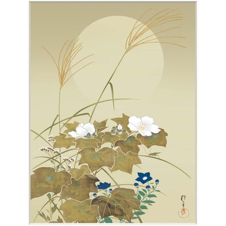 ● 酒井抱一 「秋草に螽斯図」 額入り 複製画 高精彩工芸画 額装画 日本画 名画 レプリカ 風景 江戸琳派 花鳥十二ヶ月図 八月 皇居三の丸尚蔵館所蔵   J2-083【納期：約週間】