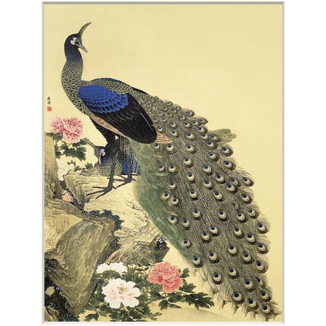 ● 円山応挙 「牡丹孔雀図」 額入り 複製画 高精彩工芸画 額装画 日本画 名画 レプリカ 動物画 花鳥図 くじゃく 皇居三の丸尚蔵館所蔵   J2-098 【納期：約1週間】