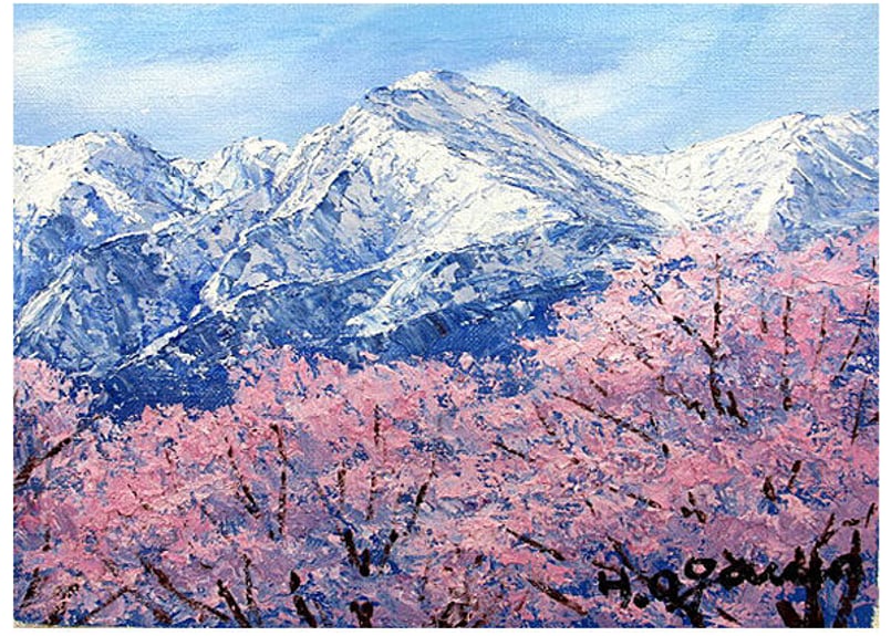小川久雄常念岳に桜 F6号 油彩画 ※額が選べます   名画