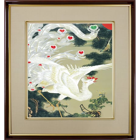 【色紙額】 伊藤若冲「老松白鳳図」複製画　額入り　色紙額　特殊工芸画　若冲動植綵絵　鳳凰　旭日　日本画　名作　宮内庁三の丸尚蔵館／所蔵 K10-066