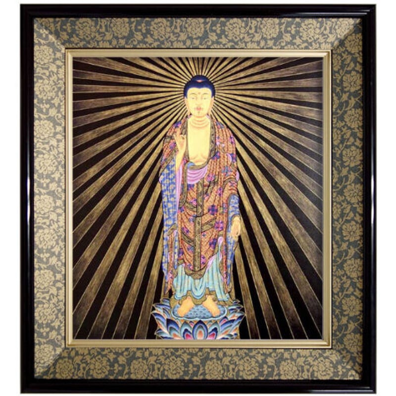 人間国宝　芹沢銈介 『阿弥陀佛空中住立図』 型絵染 額装　額入　仏画　民芸　民藝 人間国宝芹沢銈介 『阿弥陀佛空中住立図』 型絵染 額装額入仏画