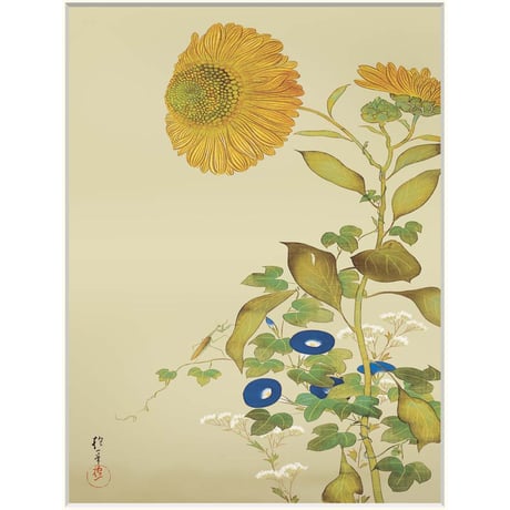 ● 酒井抱一 「向日葵、朝顔、藤袴、蟷螂」 額入り 複製画 高精彩工芸画 日本画 名画 レプリカ 江戸琳派 十二ヵ月花鳥図貼付屏風 七月 出光美術館所蔵  J2-086【納期：約1週間】