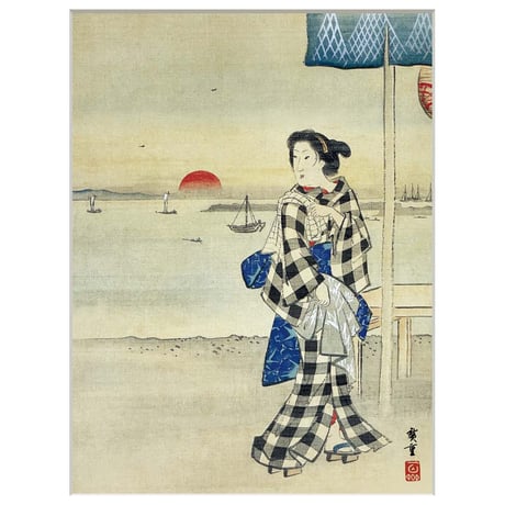 ● 歌川広重 「高輪茶屋美人図」 額入り 複製画 高精彩工芸画 額装画 肉筆浮世絵 名画 レプリカ 人物 美人画 錦絵 着物の女性 J2-151 【納期：1週間】