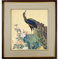 【色紙額】 円山応挙「牡丹孔雀図」複製画　額入り　色紙額　特殊工芸画　富貴花　花神　吉祥図　風景画　日本画　名作 K10-084