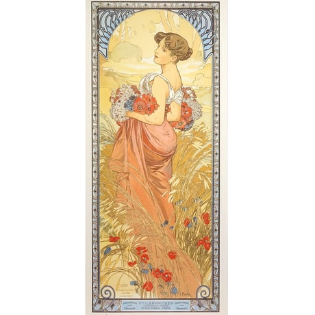 ★ 版画　ミュシャ 「夏・四季（1900年） 」 ジクレー　額入り　ミュシャ財団承認  エンボス印入り　美人画　アールヌーヴォ―　連作　季節　Summer　タテ長　YE457