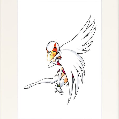 タツノコプロ監修 「ガッチャマン3 号 白鳥のジュン 美ポーズ 」 ジークレー版画 額入り 複製画 1972年TV放映 昭和のテレビアニメ 吉田すずか レトロ 科学忍者隊 【半切】【C6348】