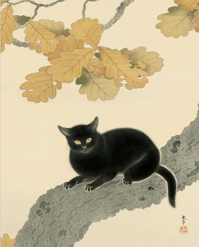 菱田春草 「黒き猫」 額入り 複製画 重要文化財 高精彩工芸画 額絵 額装画 額入りの絵 日本画 名画レプリカ UVカット透明アクリル【納期：約1週間】