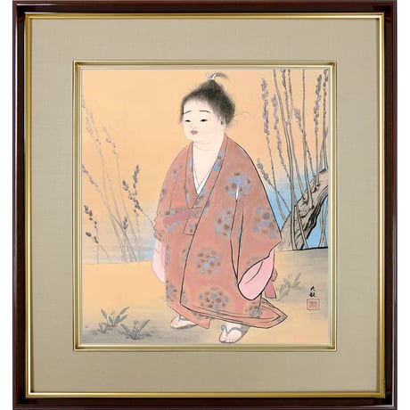 【色紙額】 横山大観「無我（むが） 」額入り 日本画の名作 高精彩工芸画 複製画 人物画 子供 レプリカ  絵画 美術品 アート K10-002