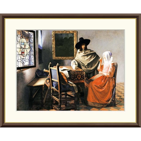 ★ フェルメール 「ワイングラス／ 紳士とワインを飲む女」 額入り 複製画 高精彩工芸画 額絵 額装画  名画 レプリカ 透明アクリル バロック期 J1-010【納期：約1週間】