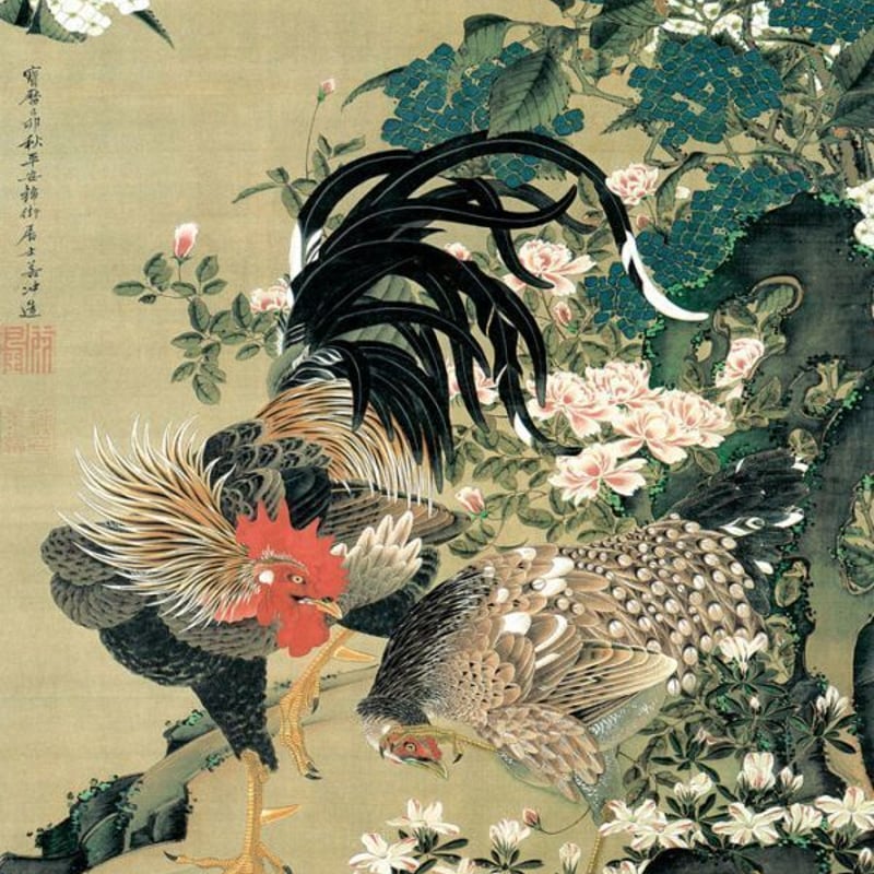 真作/秀文/藤/双鶏図/布袋屋掛軸HI-868