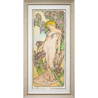 ★ 版画　ミュシャ 「アイリス：四つの花 」 菖蒲　あやめ　ジクレー　額入り　ミュシャ財団承認  エンボス印入り　美人画　アールヌーヴォ―　連作　Iris　タテ長　YE464