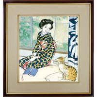 色紙額　竹久夢二「晩春」 複製色紙額 特殊工芸画 額入り 美人画 大正ロマン グラフィック誌 絵画 美術品 模写 名画レプリカ 日本画 K10-37