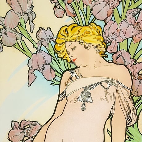 ★ 版画　ミュシャ 「アイリス：四つの花 」 菖蒲　あやめ　ジクレー　額入り　ミュシャ財団承認  エンボス印入り　美人画　アールヌーヴォ―　連作　Iris　タテ長　YE464