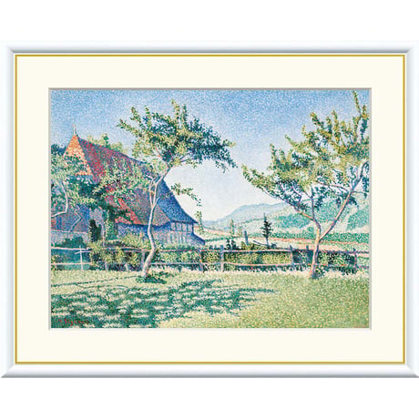 シニャック 「牧草地 コンブラ・ル・シャトー」 額入り 複製画 高精彩工芸画  額装画 レプリカ  風景画 ポスト印象派 点描画 J1-140 【納期：約1週間】