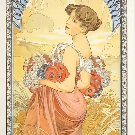 ★ 版画　ミュシャ 「夏・四季（1900年） 」 ジクレー　額入り　ミュシャ財団承認  エンボス印入り　美人画　アールヌーヴォ―　連作　季節　Summer　タテ長　YE457