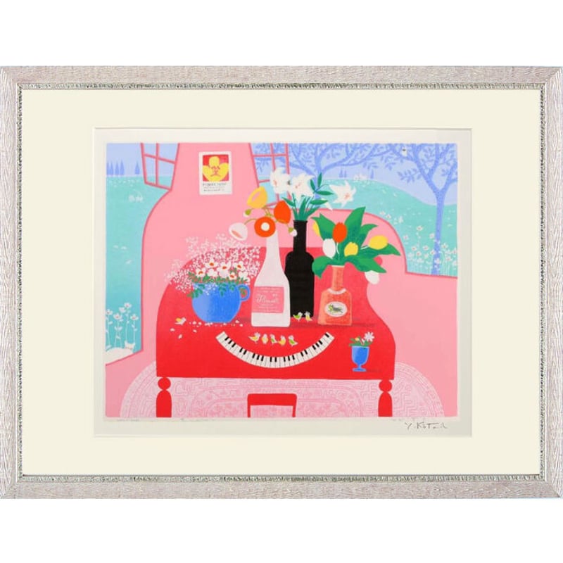 吉岡浩太郎『赤いピアノ』シルクスクリーン 版画 額入り 新品 【三三 