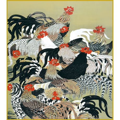 【色紙額】 伊藤若冲「群鶏図」 複製画　額入り　色紙額　特殊工芸画　にわとり　動物画　日本画　障壁画　名作　京都国立博物館／所蔵 K10-065