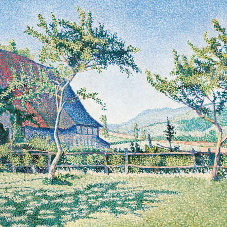 シニャック 「牧草地 コンブラ・ル・シャトー」 額入り 複製画 高精彩工芸画  額装画 レプリカ  風景画 ポスト印象派 点描画 J1-140 【納期：約1週間】