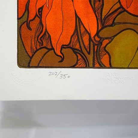 ★ 版画　ミュシャ 「ルビー：四つの宝石」 ピエゾグラフ　額入り　美人画　アールヌーヴォ―　STUDIO ART FLAG印　ジュエリー　The Precious Stones　YE459