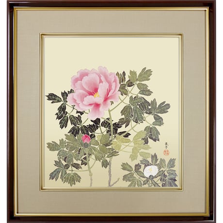【色紙額】 菱田春草「牡丹」複製画　額入り　色紙額　特殊工芸画　富貴花　花王　牡丹色　植物画　日本画　名作 K10-098