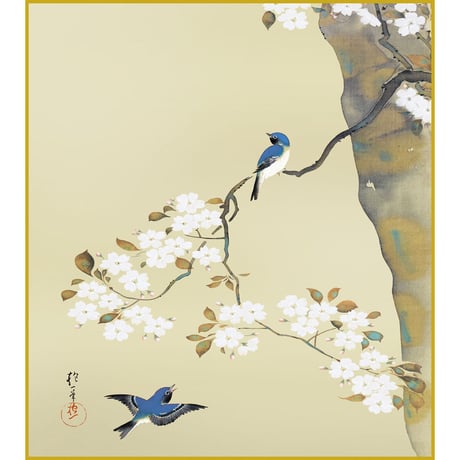 【色紙額】 酒井抱一「桜に小禽図」複製画　額入り　色紙額　特殊工芸画　オオルリ　野鳥　春　風景画　琳派　日本画　名作 K10-079