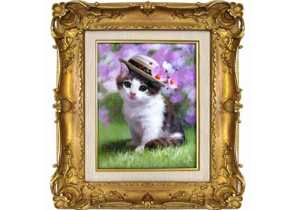 油彩画 長岡卓 「お兄ちゃんと はい、ポーズ」 額付き 直筆サイン入り 真作