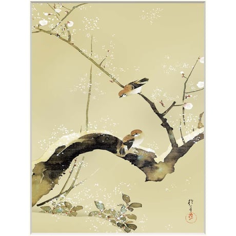 ● 酒井抱一 「梅、雀」 額入り 複製画 高精彩工芸画 額装画 日本画 名画 レプリカ 花鳥風月 江戸琳派 小禽図 初春   J2-089【納期：約週間】