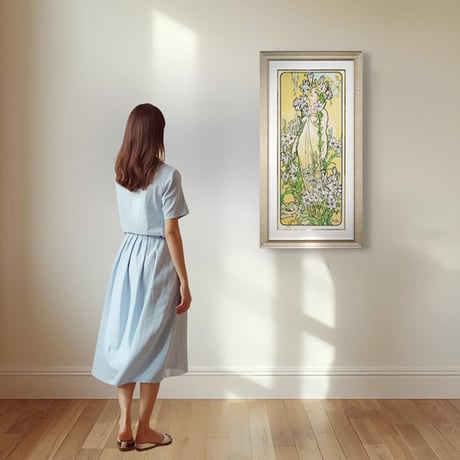 ★ 版画　ミュシャ 「リリー：四つの花 」百合　ゆり　ジクレー　額入り　ミュシャ財団承認  エンボス印入り　美人画　アールヌーヴォ―　連作　Lily　タテ長　YE463