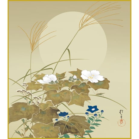 【色紙額】 酒井抱一「秋草に螽斯図」複製画　額入り　色紙額　特殊工芸画　キリギリス　秋の夜　満月　風景画　琳派　日本画　名作 K10-081
